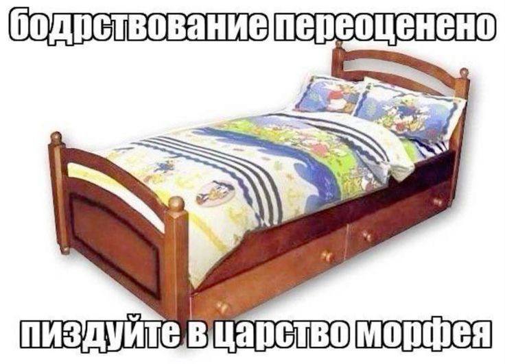 Бодрствование переоценено, пиздуйте в царство Морфея Металлическая кровать с простым детским постельным бельем и надписью «Бодрствование переоценено, пиздуйте в царство Морфея»