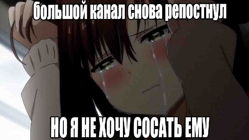 Плачущая аниме-девушка с подписью о том, что большой канал снова сделал репост, но автор не хочет ему подлизываться.