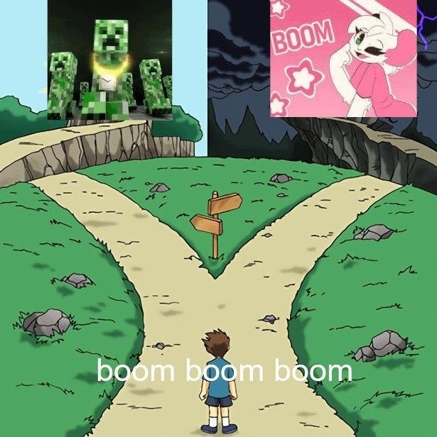 Персонаж стоит на развилке между криперами Minecraft и розовой кошкой с надписью «BOOM», не понимая, какой путь выбрать.