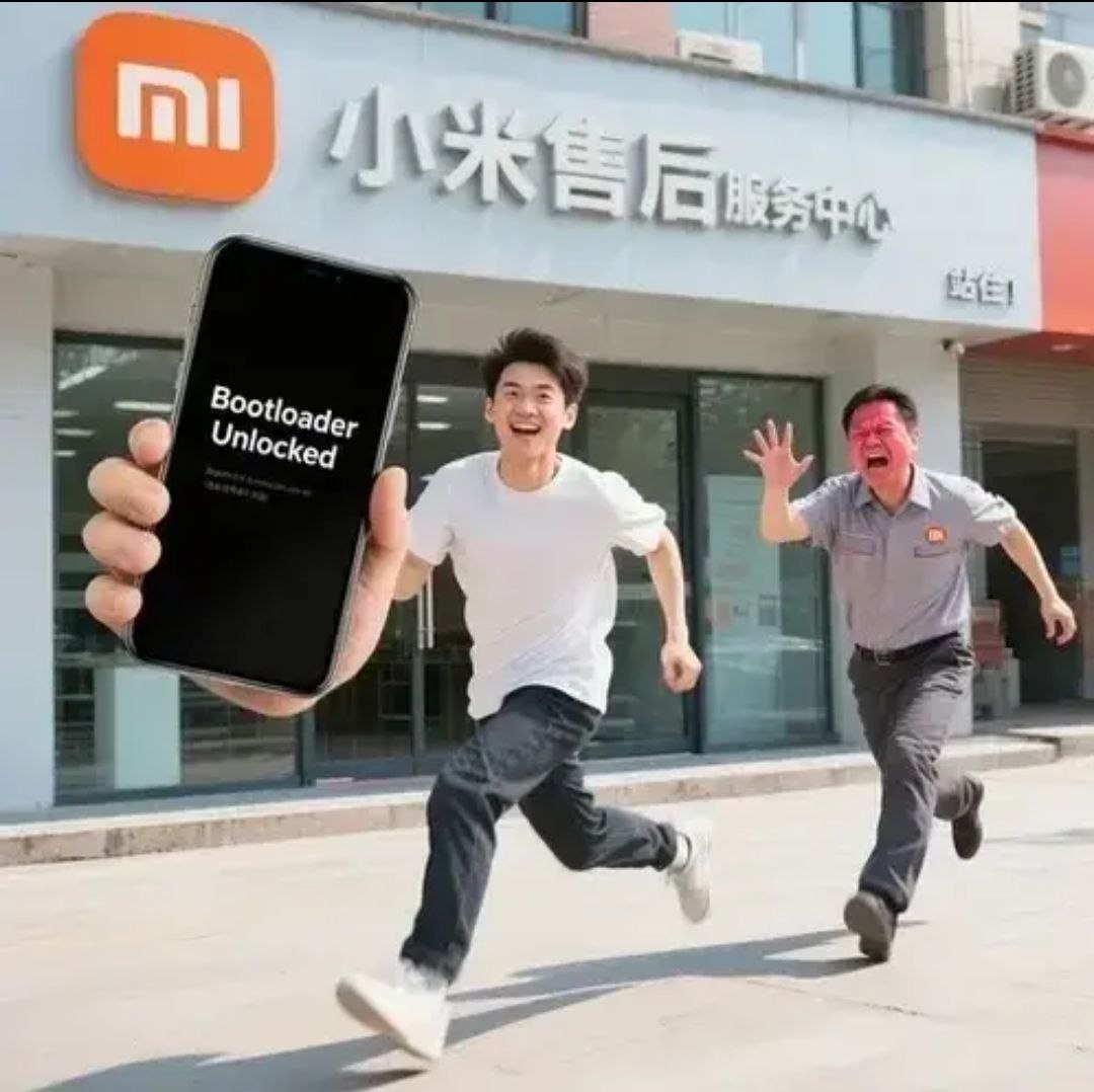 Пользователь радостно убегает от магазина Xiaomi со смартфоном, на котором разблокирован загрузчик, а сотрудник пытается его догнать