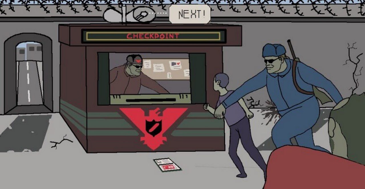 Пограничный пункт в Papers, Please Мужчина в синей форме протаскивает ребенка через пограничный пункт, где пограничник в будке проверяет документы. Рядом с будкой валяются документы, а над ней висит табличка с надписью «NEXT!».