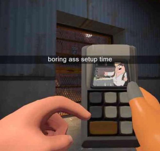 Boring ass setup time Мем с Питером Гриффином и надписью «boring ass setup time»