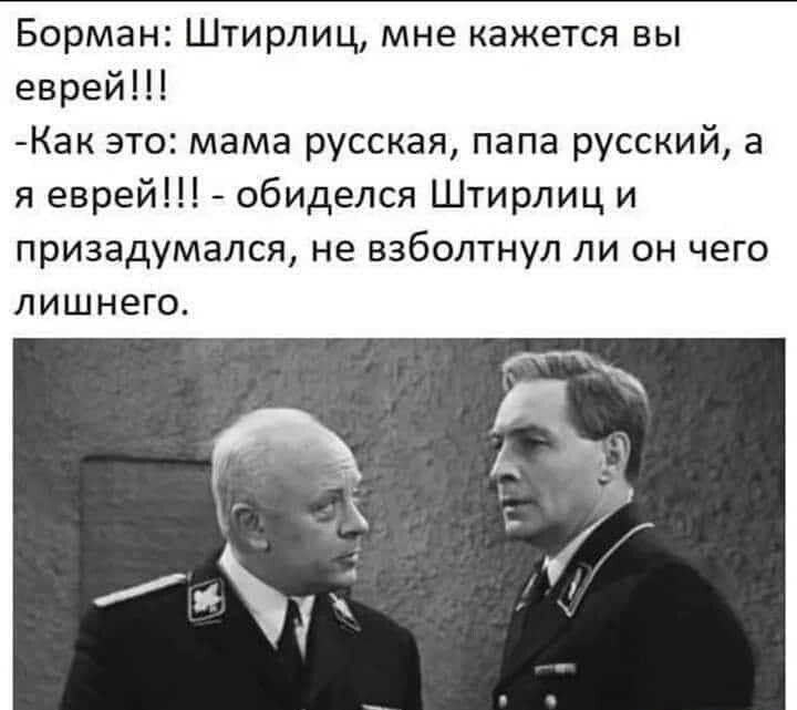 Борман говорит Штирлицу, что тот, кажется, еврей, а Штирлиц возмущается и потом думает, не проболтался ли он