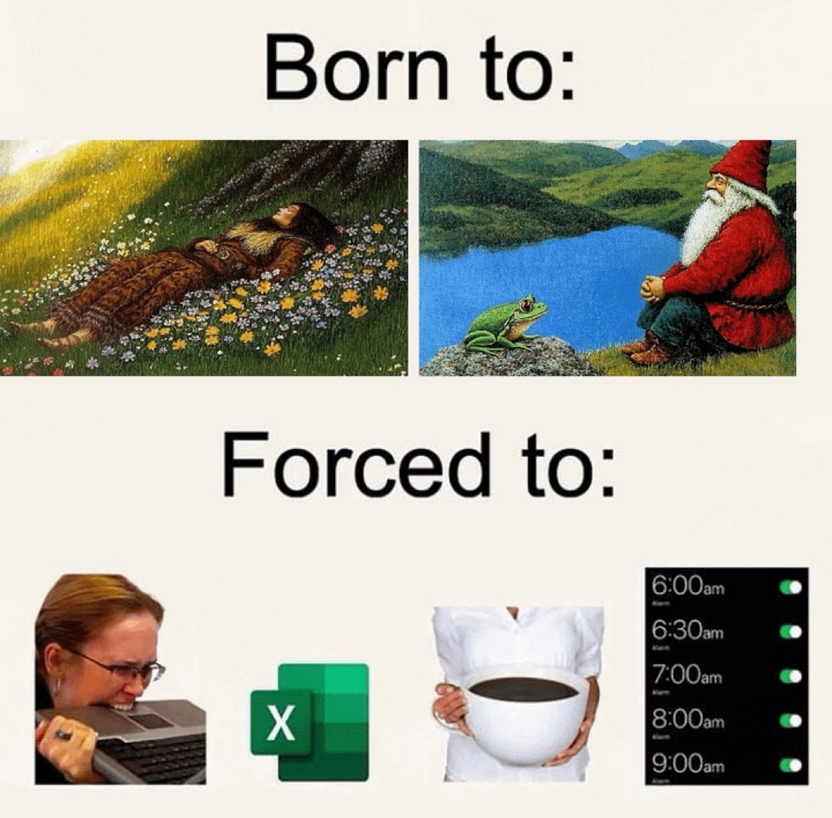Born to: Forced to: Мем Born to: Forced to:, показывающий мечты о спокойной жизни и реальность рутины