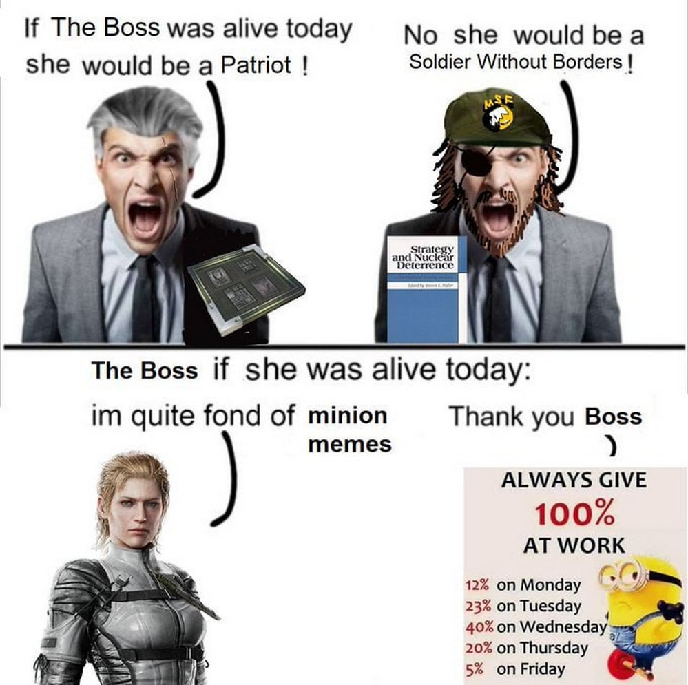 Босс любит мемы с миньонами Мем, где персонажи из игры Metal Gear Solid спорят, кем бы была Босс, если бы была жива сегодня, и оказывается, что она любит миньонов.