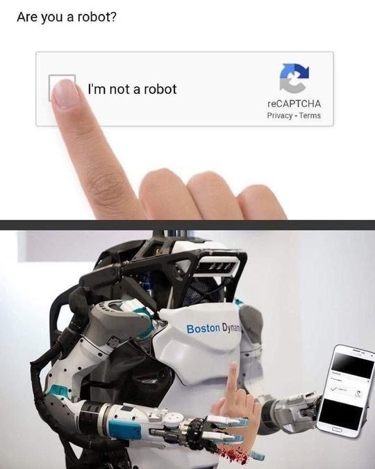 Робот Boston Dynamics нажимает на «Я не робот» Мем с роботом Boston Dynamics, который жмет на кнопку «Я не робот» человеческим пальцем.