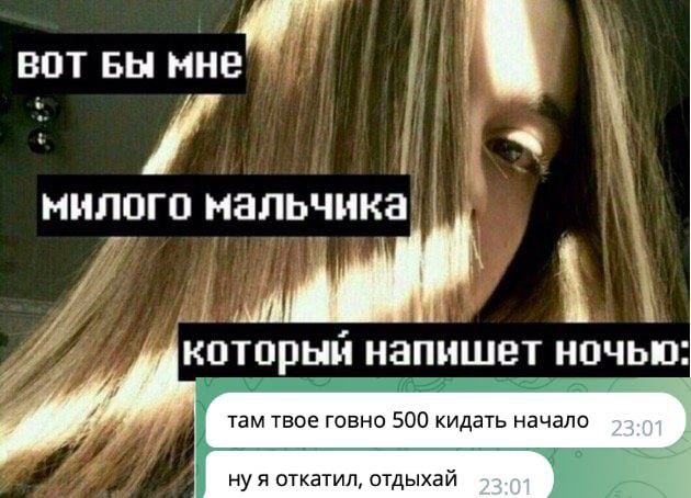 Вот бы мне милого мальчика Девушка с волосами, закрывающими часть лица, на фоне сообщения из мессенджера: «там твое говно 500 кидать начало, ну я откатил, отдыхай»