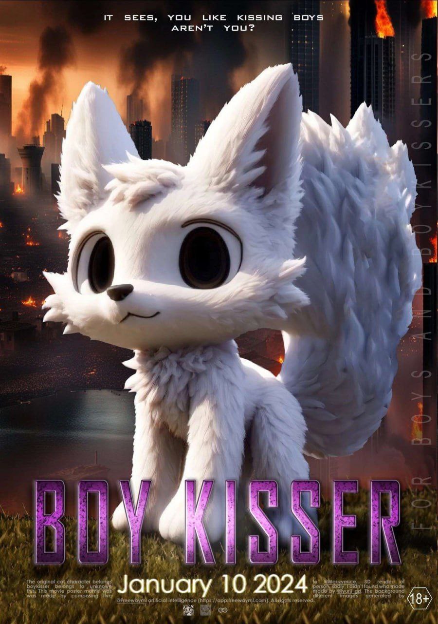Boy Kisser постер фильма Мем "Boy Kisser" в стиле постера фильма-катастрофы, с белым пушистым котёнком на фоне горящего города