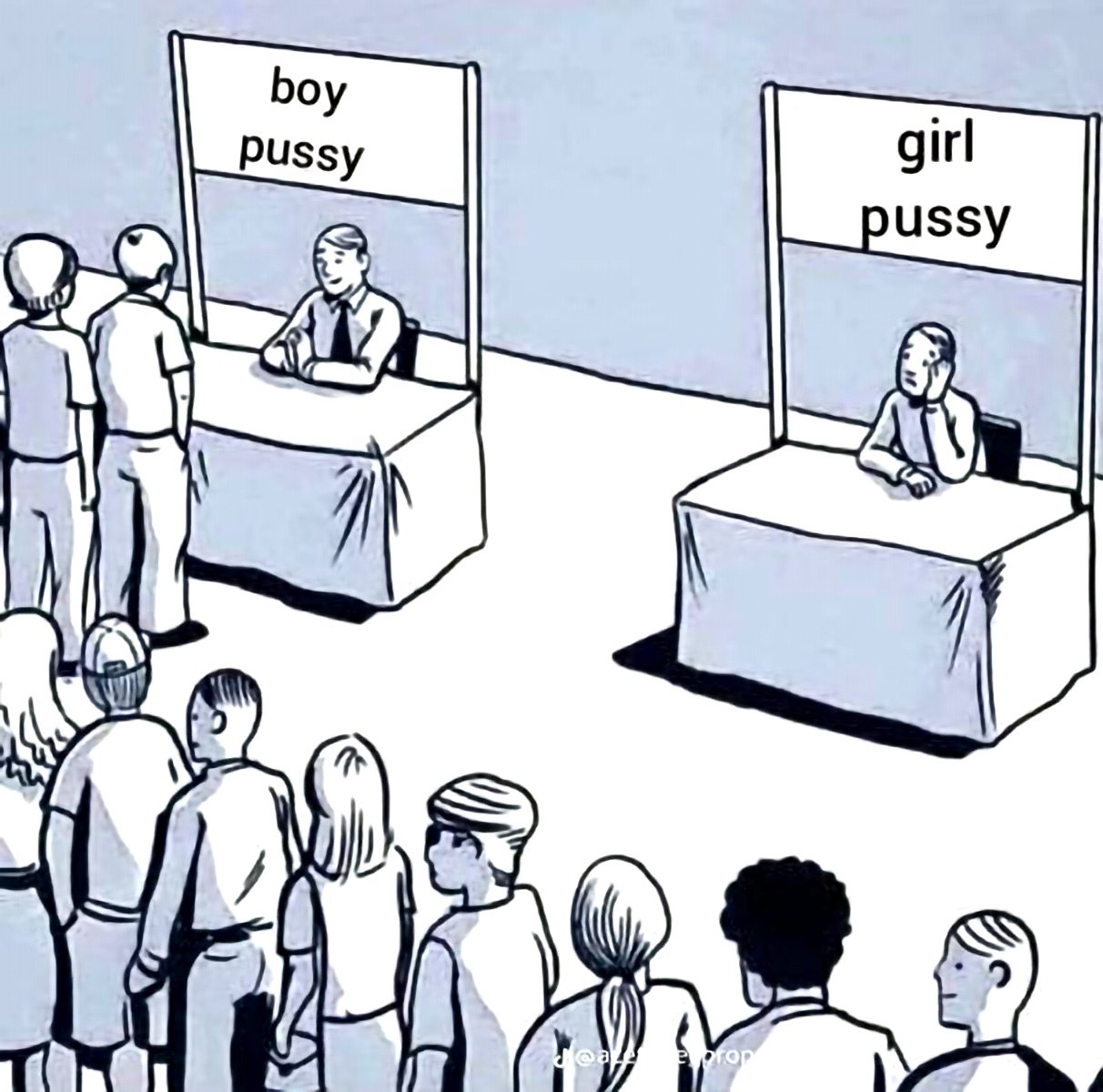 Выбор boy pussy и girl pussy На черно-белой картинке изображено две стойки с надписями «boy pussy» и «girl pussy», к первой стоит очередь из людей, а вторая пустует
