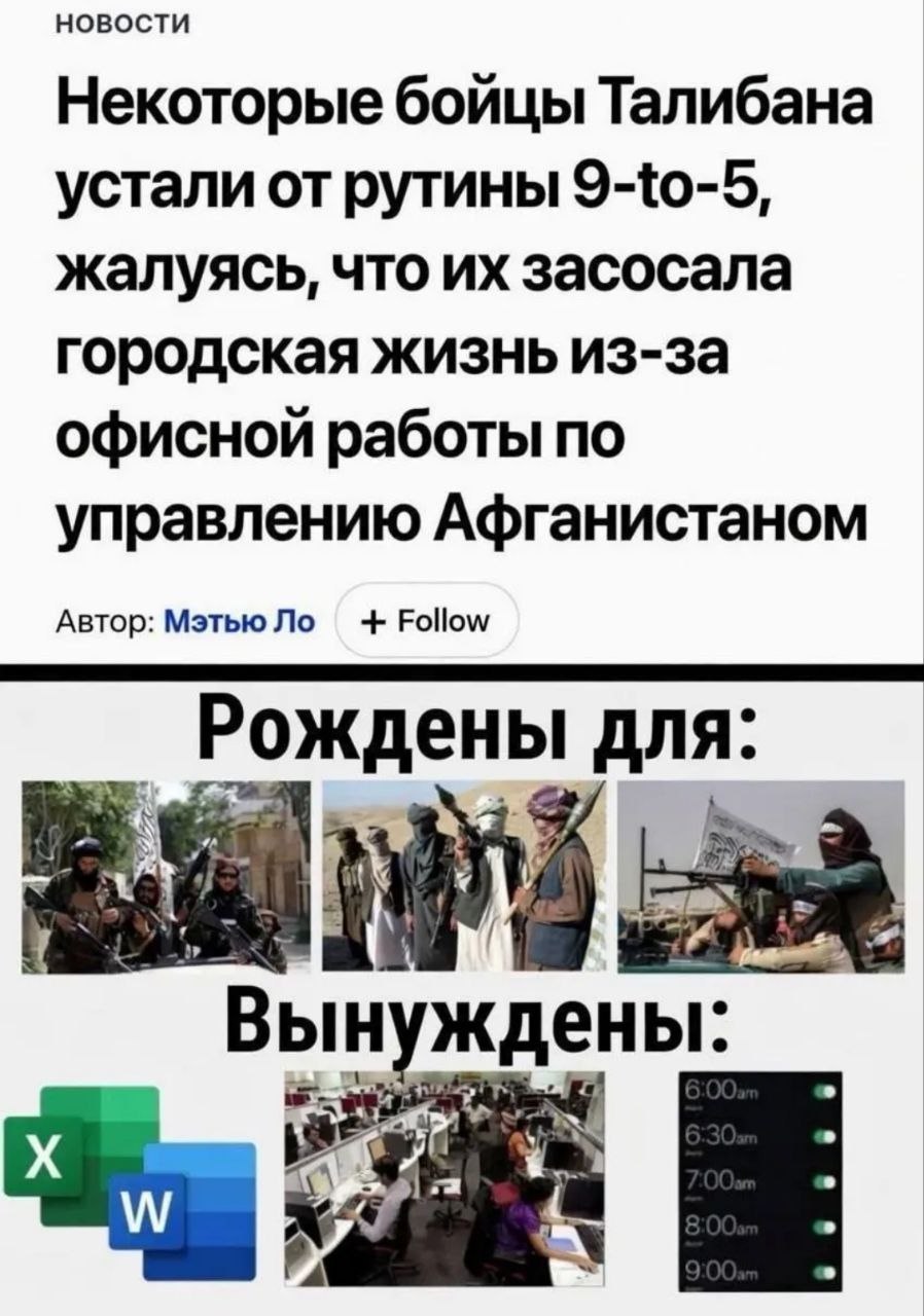Скриншот новостей про бойцов Талибана, которые устали от офисной рутины 9-to-5 и вынуждены работать с Excel, Word, в офисе и вставать по будильнику