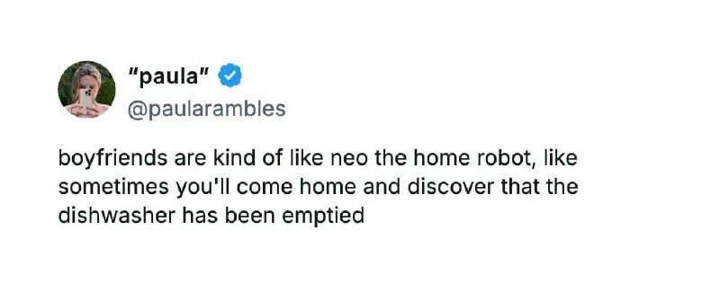 Boyfriends are kind of like neo the home robot Твит от Паулы: парни чем-то похожи на домашнего робота Нео, иногда приходишь домой и обнаруживаешь, что посудомойка опустошена
