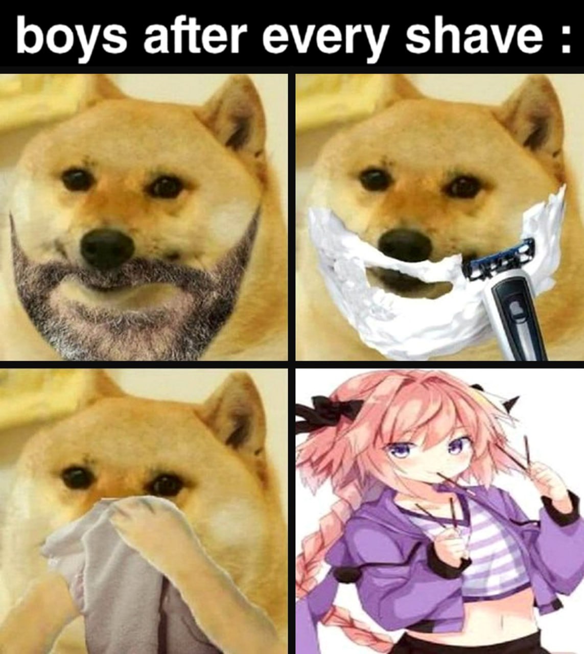 Boys after every shave Astolfo Мем, где собака породы сиба-ину бреется и превращается в персонажа аниме Астольфо из Fate/Grand Order.