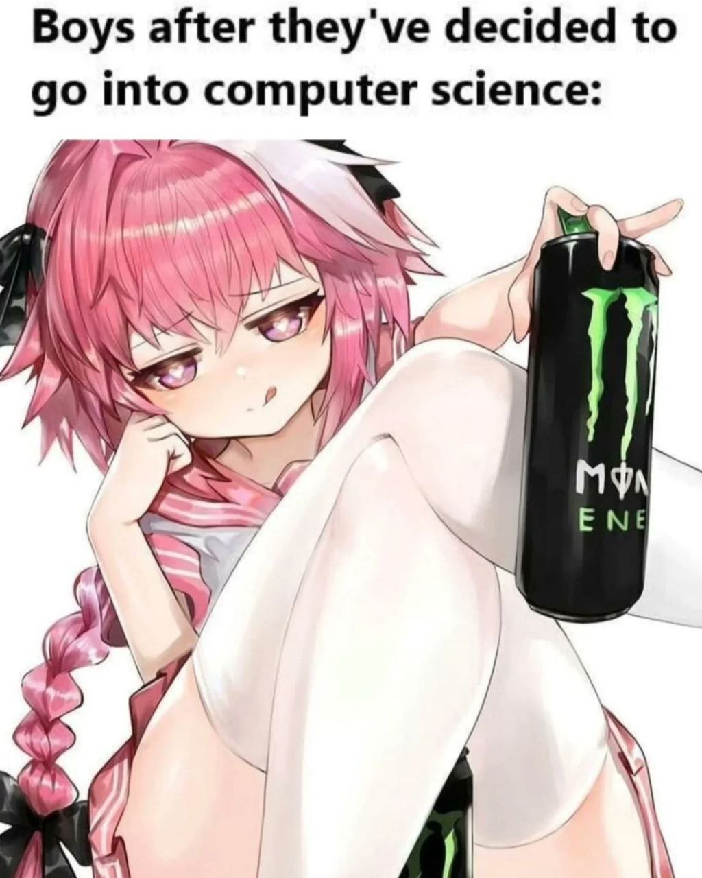 Аниме-девушка с банкой Monster Energy в меме про парней, которые решили пойти в computer science
