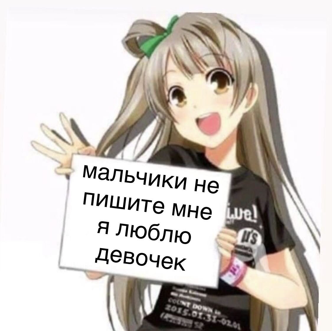 Улыбающаяся аниме-девушка держит табличку с надписью «Мальчики не пишите мне я люблю девочек».