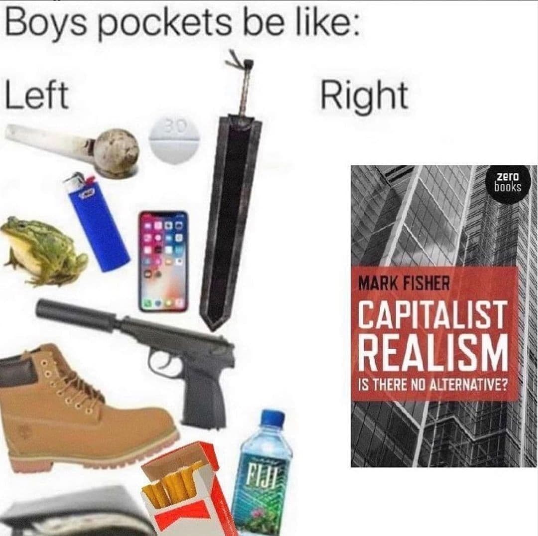 Boys pockets be like Мем, показывающий содержимое карманов «обычного» парня и содержание карманов другого парня, который интересуется интеллектуальными темами.
