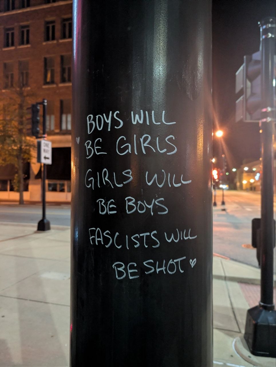 Надпись на городском столбе: «Boys will be girls, girls will be boys, fascists will be shot»