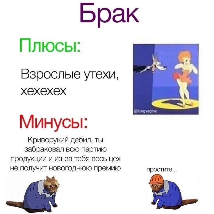 Шуточная картинка про брак с плюсами и минусами, где среди плюсов указаны взрослые утехи, а среди минусов — испорченная партия продукции и новогодняя премия.