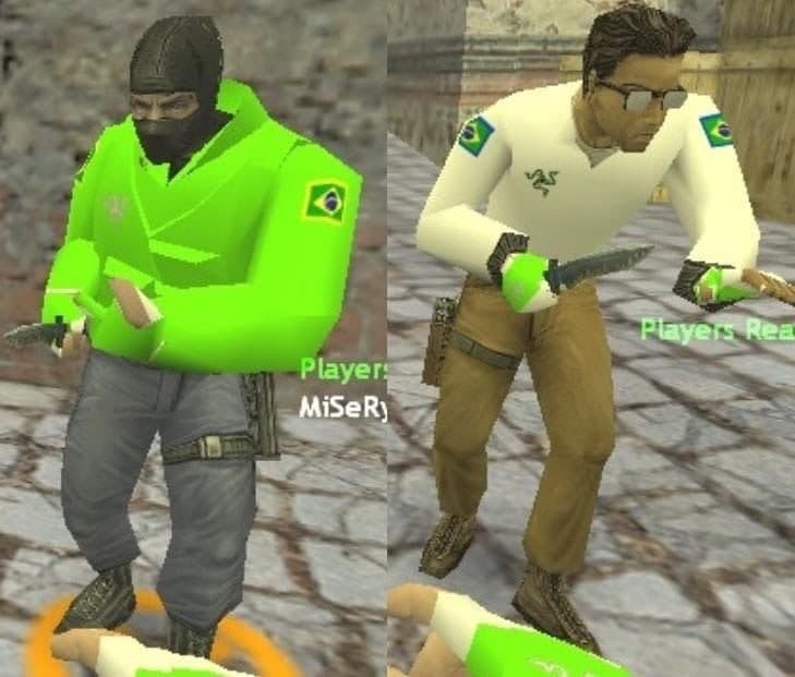 Бразильские игроки в Counter-Strike Два персонажа из Counter-Strike в необычных скинах с флагами Бразилии на рукавах, символизирующие бразильских игроков.