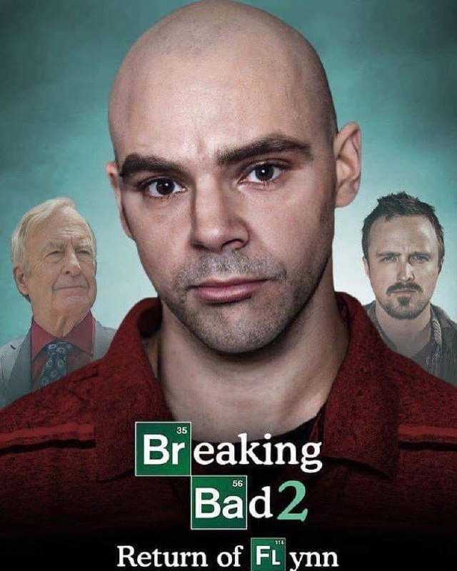 Во все тяжкие 2: Возвращение Флинна Постер "Во все тяжкие 2: Возвращение Флинна" с тремя персонажами, один из которых лысый и находится на переднем плане.