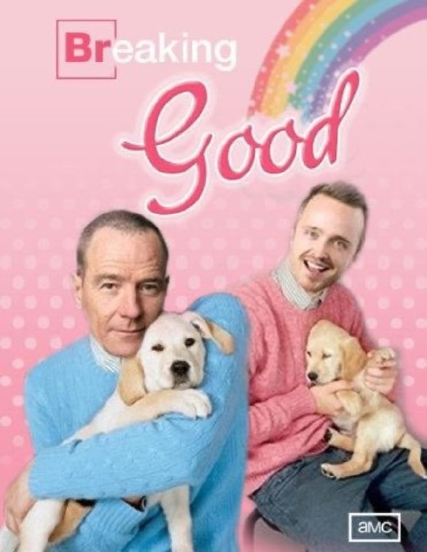 Мем Breaking Good Постер "Во все тяжкие" в добром и милом стиле с Уолтером Уайтом и Джесси Пинкманом и щенками.