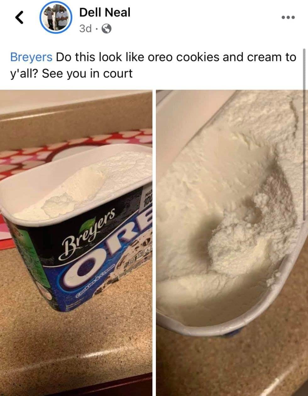 Breyers, это похоже на мороженое с печеньем и сливками? Мужчина купил мороженое Breyers Cookies & Cream, но вместо мороженого с кусочками печенья обнаружил сплошную белую массу, похожую на порошок или снег.