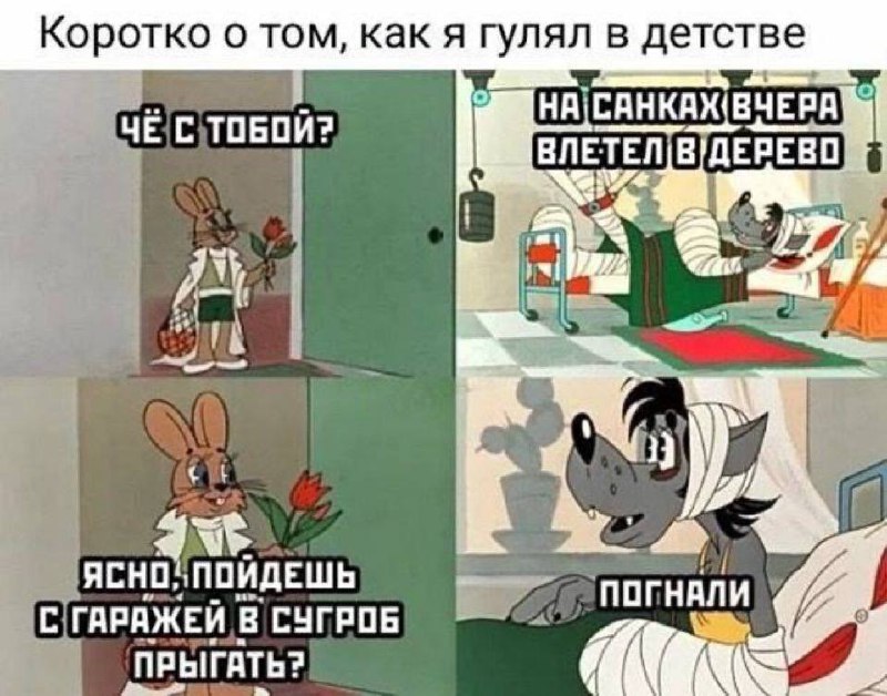 Коротко о том, как я гулял в детстве Мем с Зайцем и Волком из "Ну, погоди!" и надписью "Коротко о том, как я гулял в детстве"