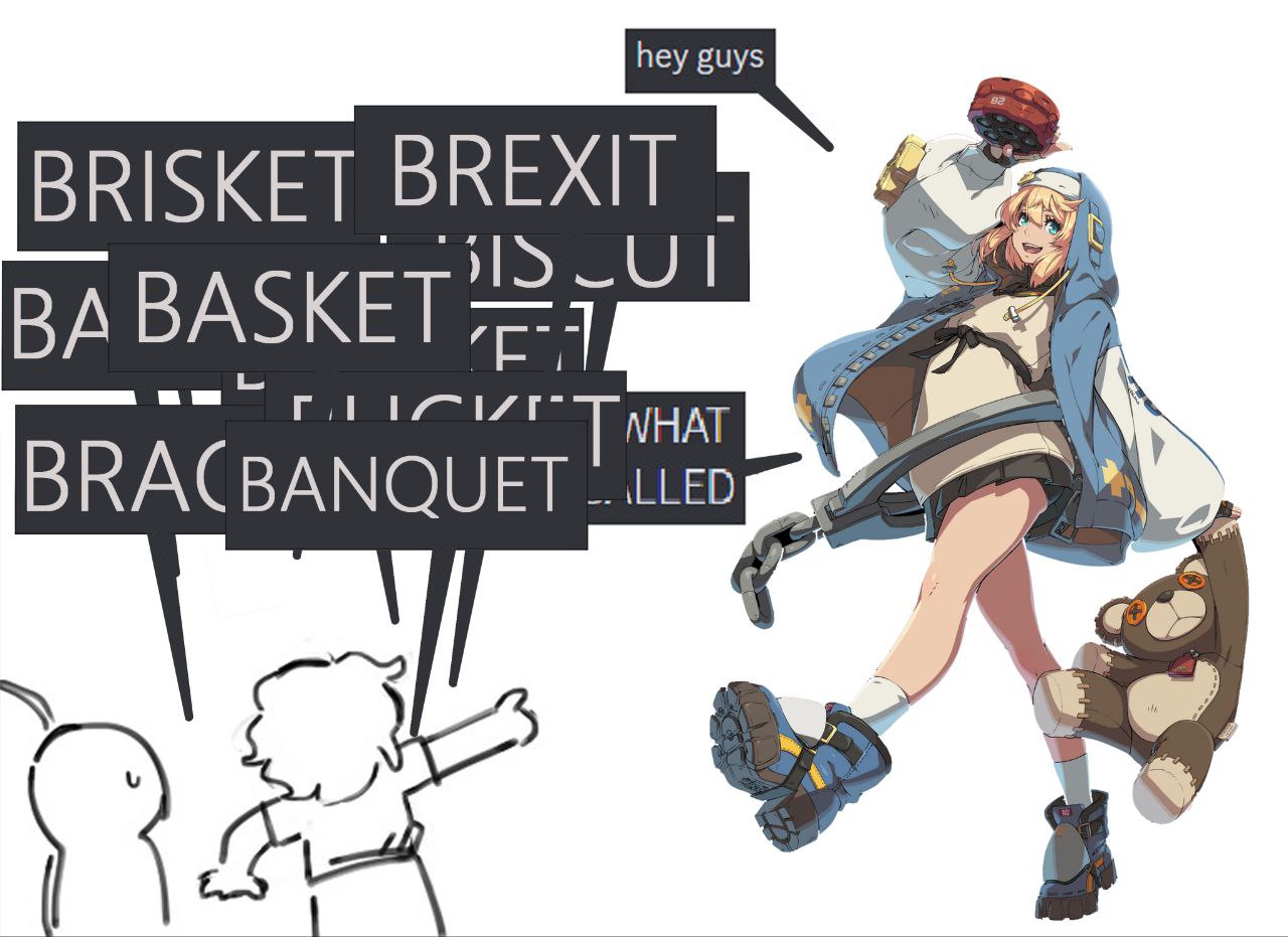 Bridget из Guilty Gear рядом с кучей табличек с похожими вариантами имени: Brisket, Brexit, Basket, Biscuit, Bracket и Banquet.