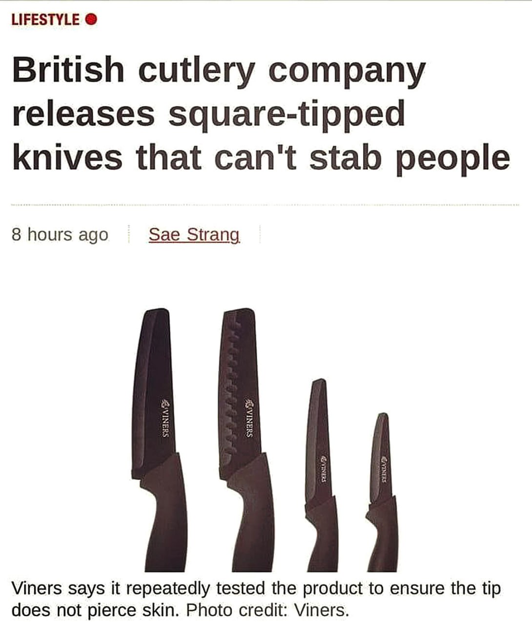 British cutlery company releases square-tipped knives that can't stab people Британская компания Viners выпускает ножи с квадратными концами, которыми нельзя зарезать людей