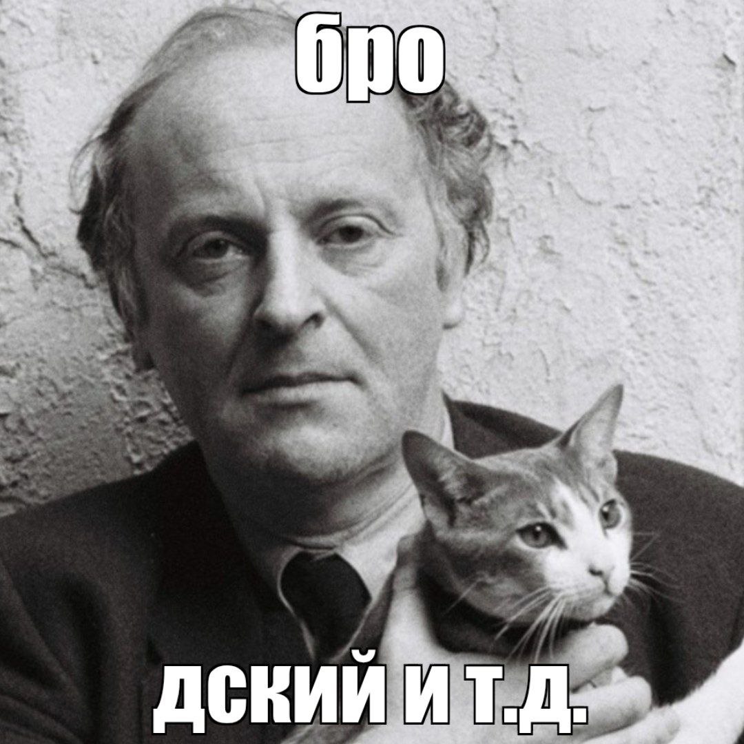 Бро, дский и т.д. Мужчина с кошкой и надписью «Бро, дский и т.д.»