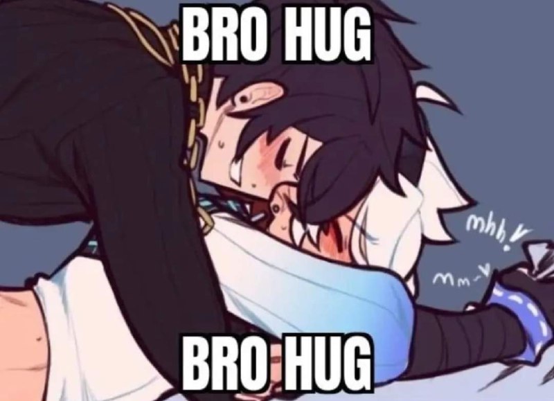 Bro hug аниме Изображение демонстрирует тесные объятия двух мужчин в аниме стиле, при этом один из них обнимает другого, прижимаясь к его шее. Выше и ниже изображения есть надпись «BRO HUG».
