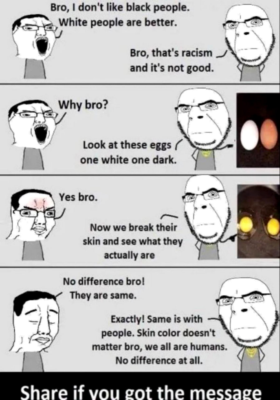 Bro, I don't like black people, white people are better Мем про расизм и яйца, которые доказывают, что все люди одинаковы