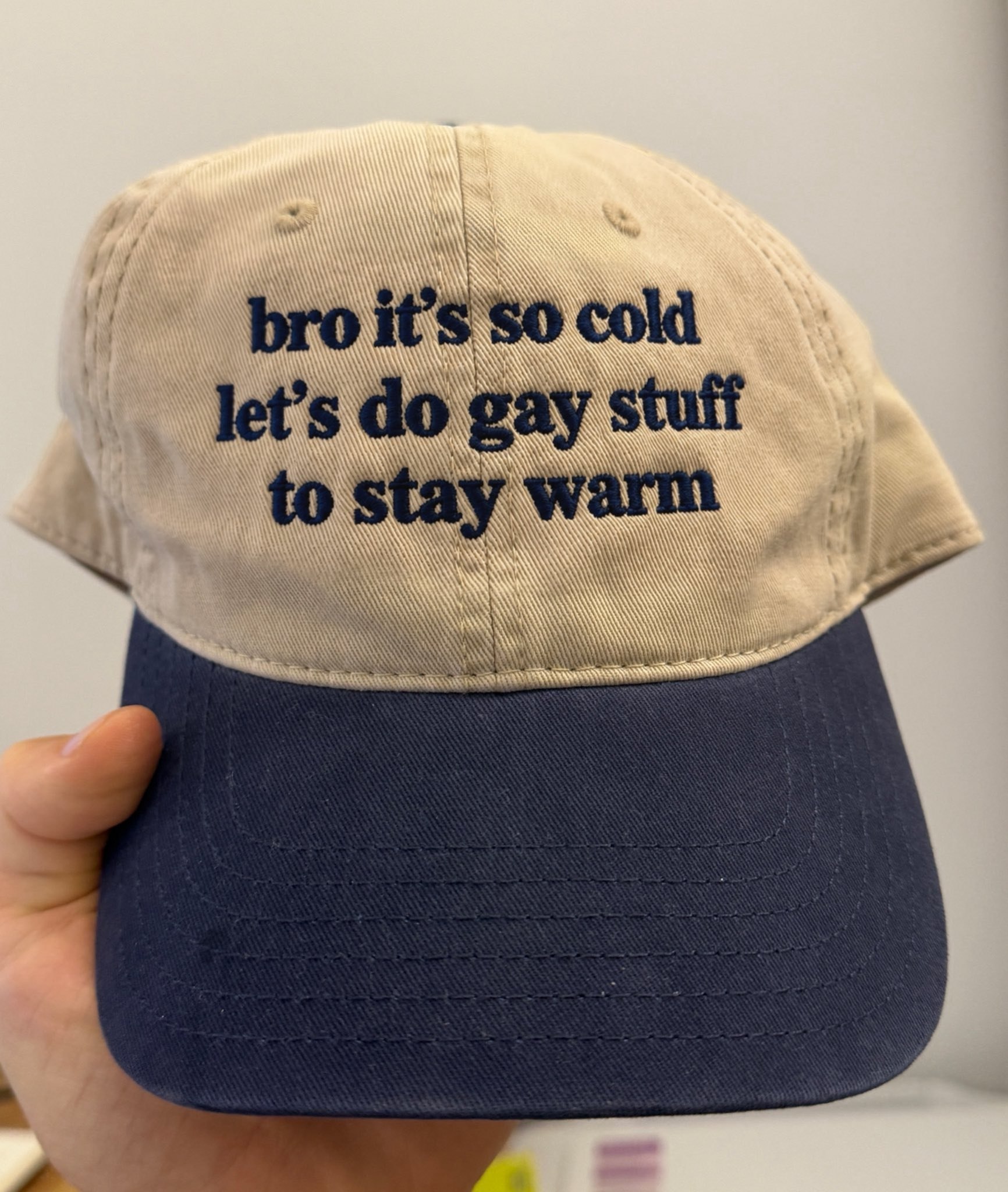 Бейсболка с провокационной надписью «Bro it's so cold. Let's do gay stuff to stay warm» о необычном способе согреться.