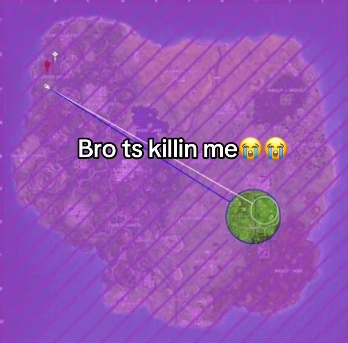 Бро это убивает меня Карта из игры Fortnite, на которой игроку нужно добраться до безопасной зоны, но она находится слишком далеко