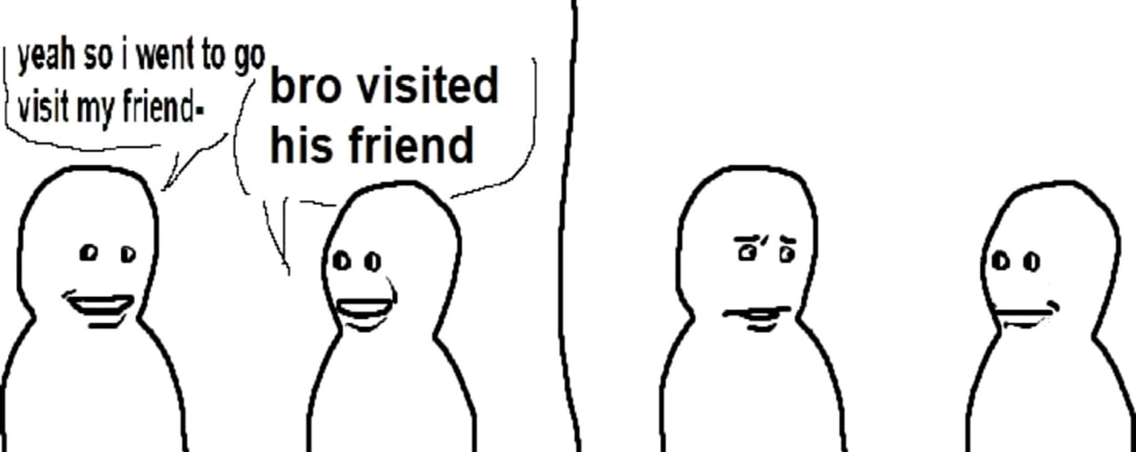 Bro visited his friend Мем с двумя приятелями, один из которых рассказывает о своём визите к другу, а другой повторяет его слова, после чего оба смотрят с осуждением на третьего. Рисунок выполнен в минималистичном стиле.