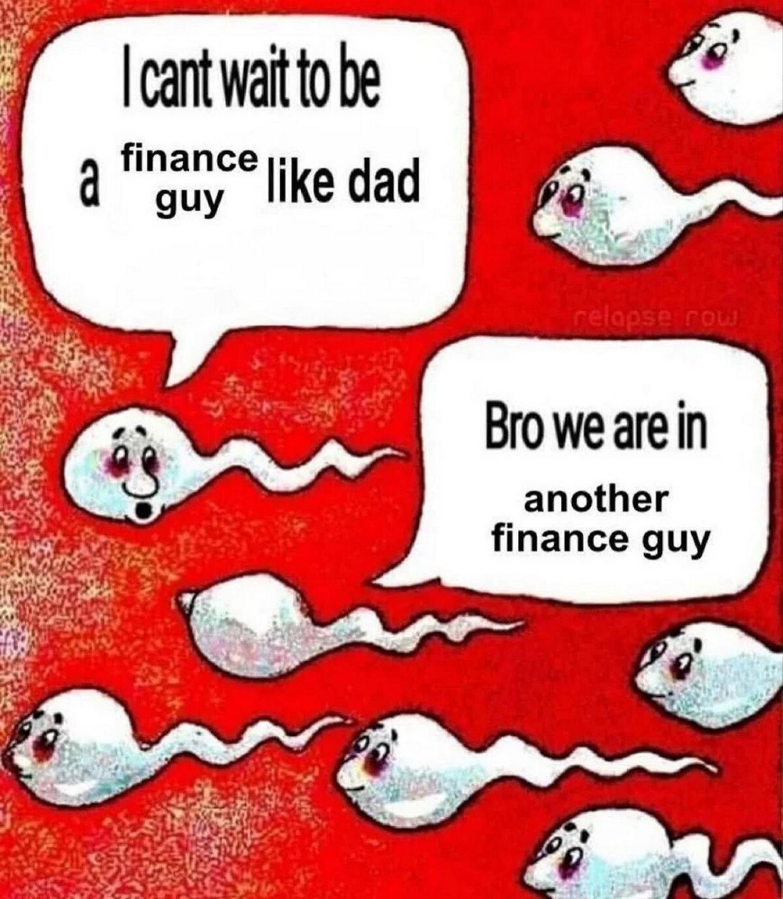 Bro we are in another finance guy Мем со сперматозоидами, где один хочет стать финансистом, а другой отвечает, что они уже в другом финансисте.