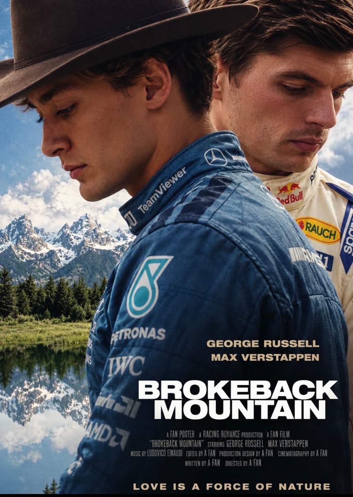 Пародийный постер «Brokeback Mountain» с Джорджем Расселлом и Максом Ферстаппеном в образе героев романтической драмы на фоне гор.