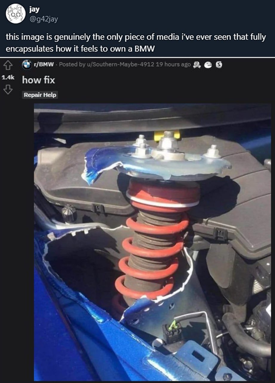 Сломанная подвеска BMW how fix Мем со сломанной подвеской BMW и вопросом «how fix»