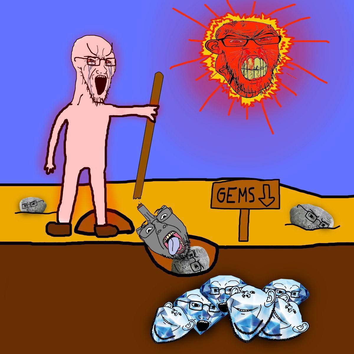 Сломанная палка и добыча гемов Мем с человеком, который сломал палку и хочет выкопать камни-персонажей из земли, пока злая морда-солнце наблюдает за ним
