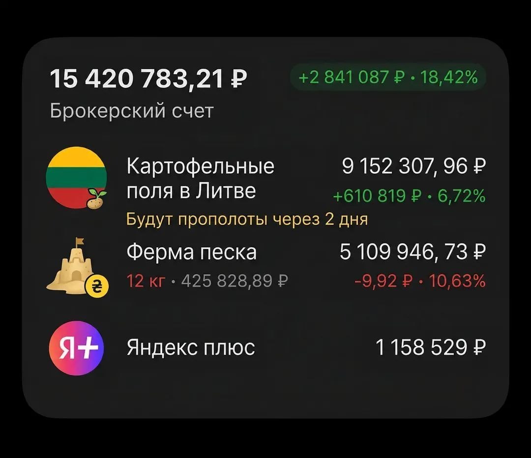 Экран брокерского счета с абсурдными активами: картофельные поля в Литве, ферма песка и Яндекс Плюс
