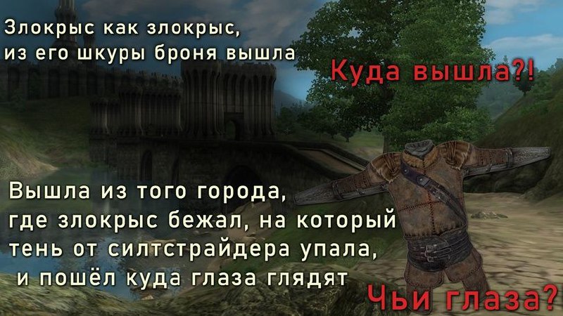 Броня из шкуры злокрыса Мем про броню, вышедшую из шкуры злокрыса, с вопросами «Куда вышла?» и «Чьи глаза?» на фоне локации из игры The Elder Scrolls III: Morrowind.