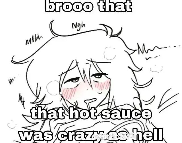 Brooo that hot sauce was crazy as hell Мем с персонажем аниме, который покраснел и тяжело дышит после того, как съел очень острый соус.