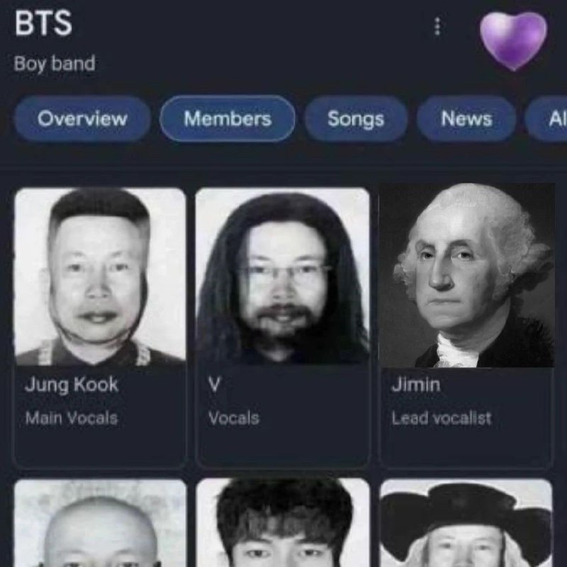 BTS и груг Мем с изображением BTS, где вместо настоящих участников группы показаны груг, Джордж Вашингтон и другие люди