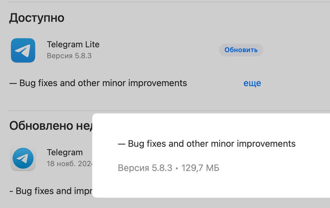 Bug fixes and other minor improvements Мем с фразой Bug fixes and other minor improvements в описании обновлений двух версий Telegram