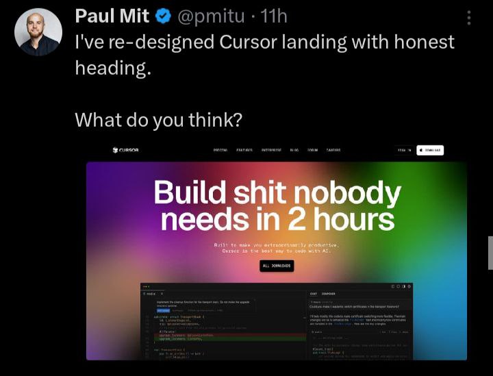 Build shit nobody needs in 2 hours Павел Мит сделал редизайн лендинга, где заголовок гласит: «Создай дерьмо, которое никому не нужно, за 2 часа»