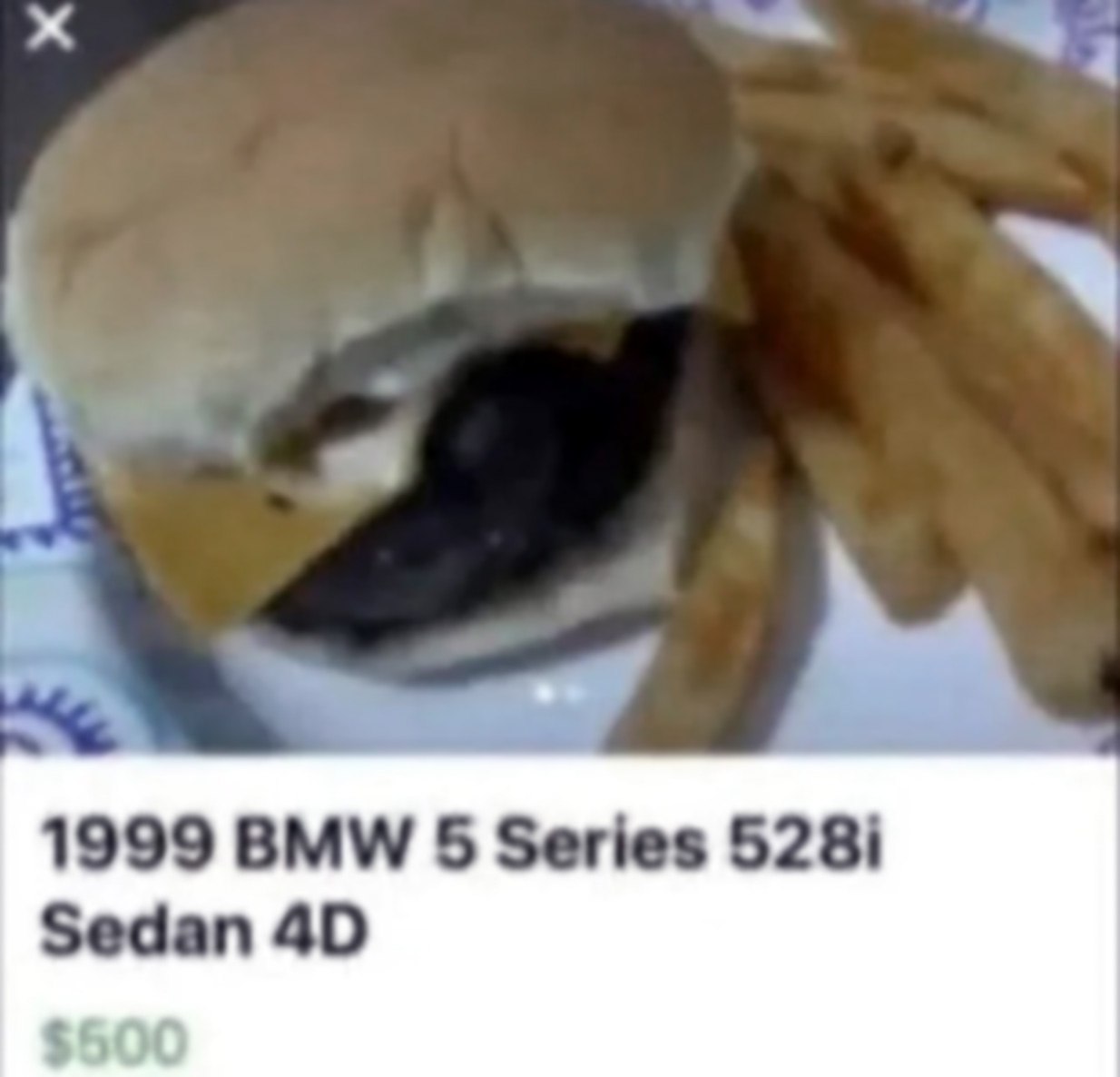 Бургер с объявлением о продаже BMW Мем с изображением бургера и картошки фри, под которым находится объявление о продаже автомобиля BMW.