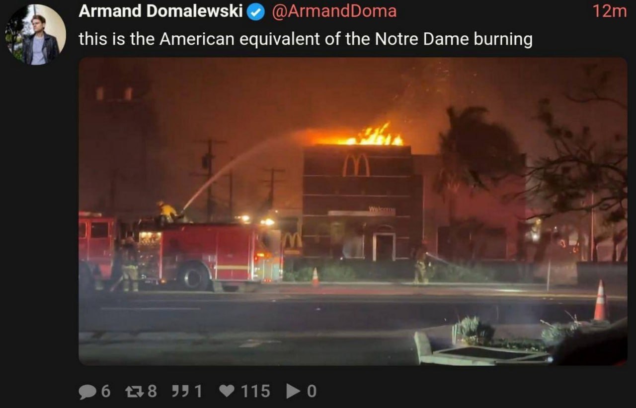 Горящий McDonald's equivalent of the Notre Dame burning Горящий McDonald's, который сравнивают с пожаром в Нотр-Даме