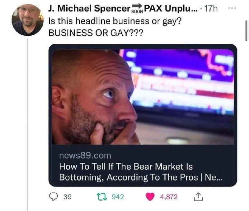 Скриншот твита с вопросом «Business or gay?» и заголовком про bear market