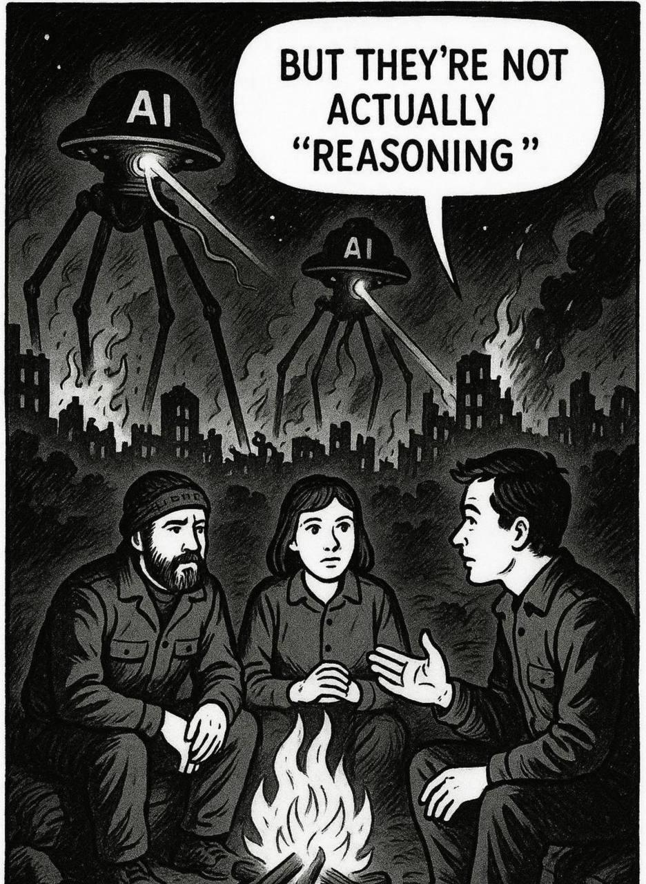 But they're not actually "reasoning" Мужчина говорит "But they're not actually 'reasoning'" на фоне горящего города, разрушаемого ИИ-треножниками