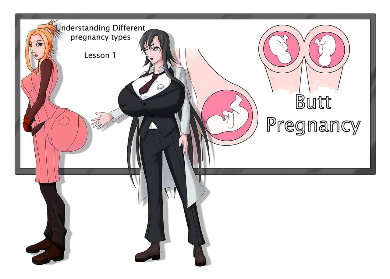 Butt Pregnancy Мем с девушкой-учителем и девушкой-учеником, на доске позади них написано "Understanding Different pregnancy types. Lesson 1. Butt Pregnancy" и изображены варианты беременности.