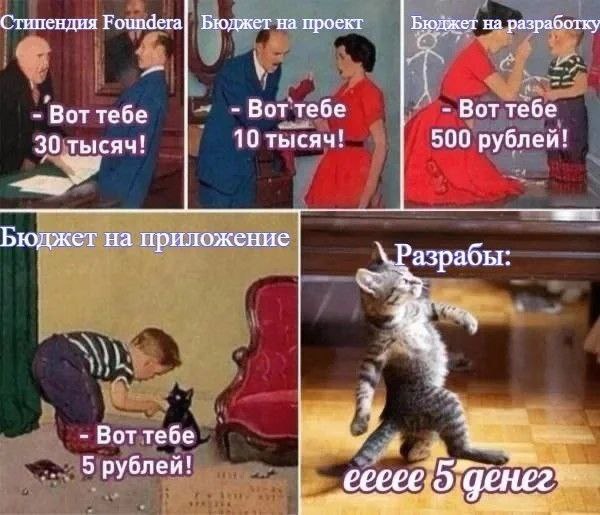 Бюджет на приложение 5 рублей Мем с котом "5 денег" и скриншотами старых иллюстраций, показывающими различные бюджеты на проекты и разработки, которые уменьшаются до смешных сумм, в то время как разработчик (кот) все равно радуется 5 рублям.